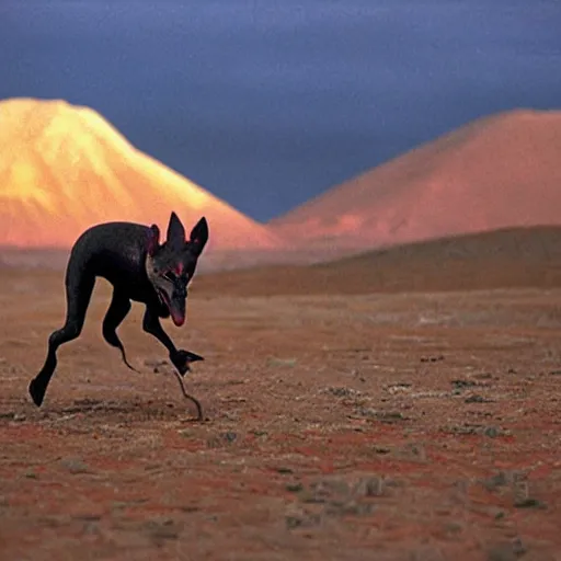 Image similar to xoloitzcuintli dog in the atacama desert at dusk, hungry and drooling, cracking bones, futuristic, by moebius