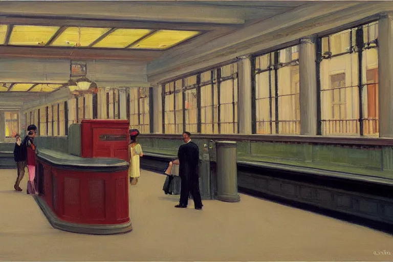 Prompt: inside Central station, in the style of Edward Hopper