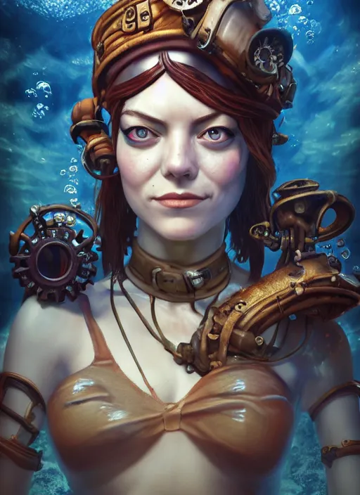 Image similar to underwater steampunk pirate portrait of emma stone, hyper detailed, digital art, trending in artstation, cinematic lighting, studio quality, smooth render, unreal engine 5 rendered, octane rendered, art style by klimt and nixeu and ian sprigger and wlop and krenz cushart.