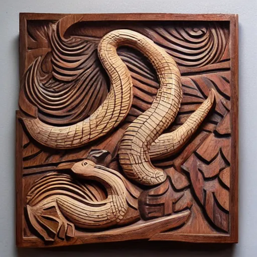 Prompt: Jörmungandr, wooden relief carving