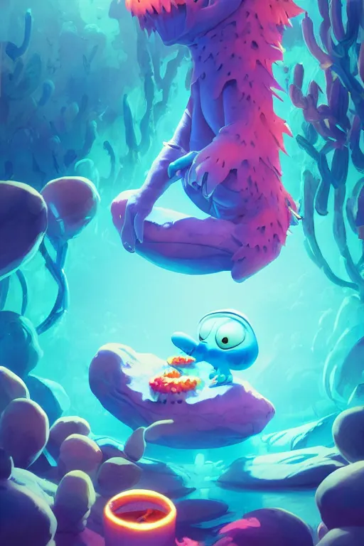 Image similar to smurf ghost creature animal sushi cristal very big eye roots cactus elemental flush of force nature micro world fluo fishscale, behance hd by jesper ejsing, by rhads, makoto shinkai and lois van baarle, ilya kuvshinov, rossdraws radiating a glowing aura global illumination ray tracing hdr