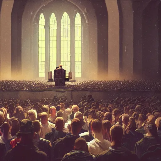 Image similar to pastor Dante Gebel giving a sermon message before a large crowd, artstation, Greg rutkowski, cinematic, digital Art