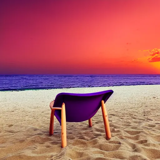 Prompt: purple chair on a red beach with nebula sunset