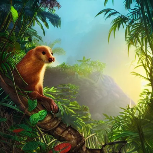 Prompt: a weasel in a jungle!, mist, tropical trees, vines, birds, sunset!, fluffy clouds, warm colors, beautiful lighting, digital art, intricate details, trending on artstation