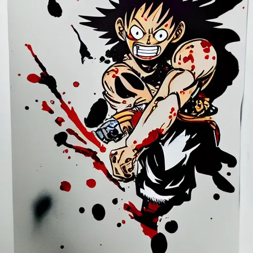 Image similar to die cut sticker, luffy gear 4, splatter paint on paper