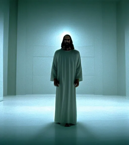 Image similar to Jesus in a white empty room, film still from the movie directed by Denis Villeneuve with art direction by Salvador Dalí, wide lens