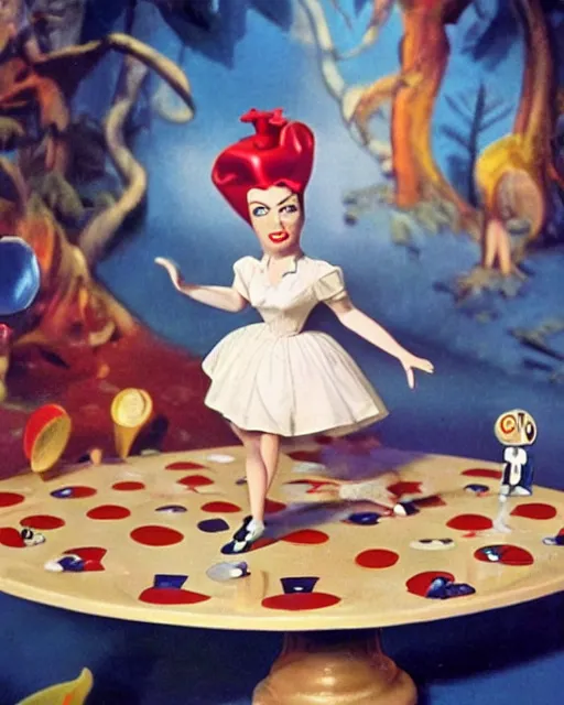 Prompt: the image is a lost hollywood film still 1 9 5 0 s photograph of a clay stop motion animated alice in wonderland. vibrant cinematography, anamorphic lenses, crisp, detailed image in 4 k resolution.