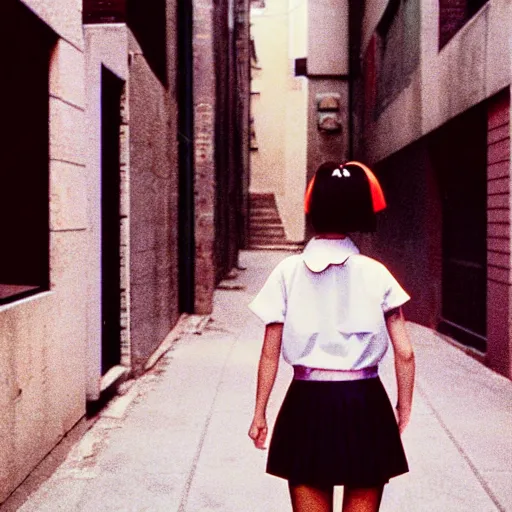 Prompt: 1990s perfect 8K HD professional cinematic photo of a japanese schoolgirl, in sci-fi alleyway at evening, at instagram, Behance, Adobe Lightroom, with instagram filters, depth of field, taken with polaroid kodak portra