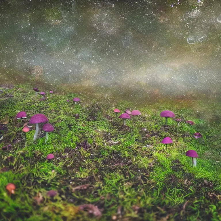 Image similar to a planet of various fungus, mushrooms, flowers and plants, inside the picture is infinity, Atmospheric, artistic photography, conceptual, long exposure outside the city, volumetric light