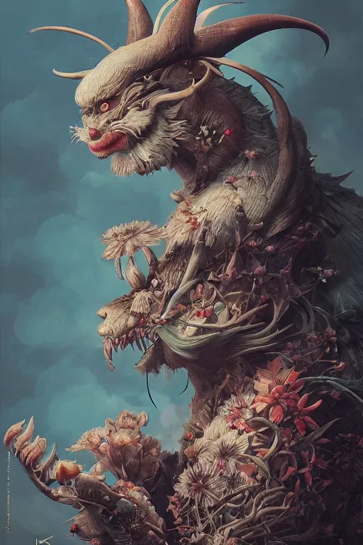 Image similar to a portrait of a plant japanese devil animal illustrated by miyazaki by karol bak, james jean, tom bagshaw, rococo, sharp focus, trending on artstation, cinematic lighting, hyper realism, octane render, 8 k, hyper detailed, vivid, ultra detailed, highly detailed