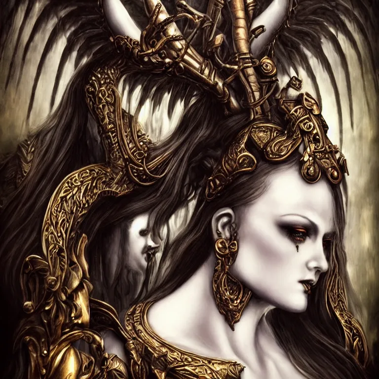 Image similar to perfectly centered close up portrait, candid photography, goddess of death, by anne stokes, updo, highly detailed, accurate