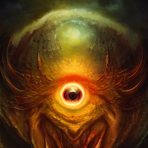 Image similar to The Flaming Eye of the Universe, digital illustration, professional art by Seb McKinnon and David Romero, fantasy, magic, magestic, detailed, forboding, hyper detailed