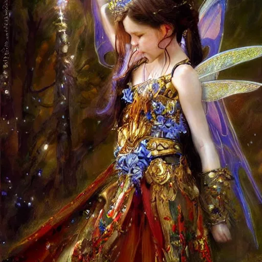 Prompt: hyperrealist portrait of a fairy girl emperorit is decorated with long robes that fall like stars and wears a huge crown. by daniel f. gerhartz, fantasy art, photo realistic, dynamic lighting