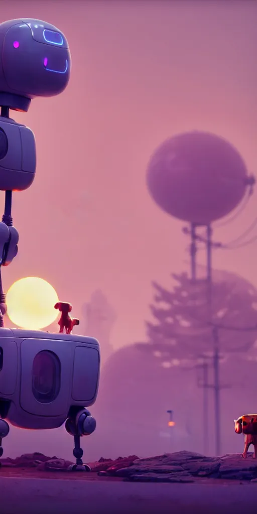 Image similar to tall cute robot with his best dog friend, by Simon Stalenhag, unreal engine, octane render, 8k, rule of thirds