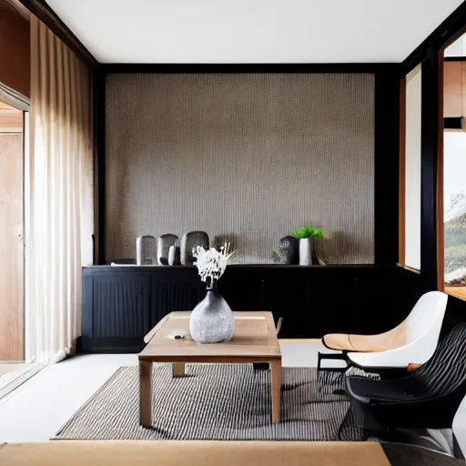 Image similar to lounge and dining room, stone, interior design, stylish luxury hotel living room design, yakisugi, black vertical slatted timber, textures, feminine, black walls, art, Japanese pottery vase with flowers, kakejiku, seasonal, Japanese influences