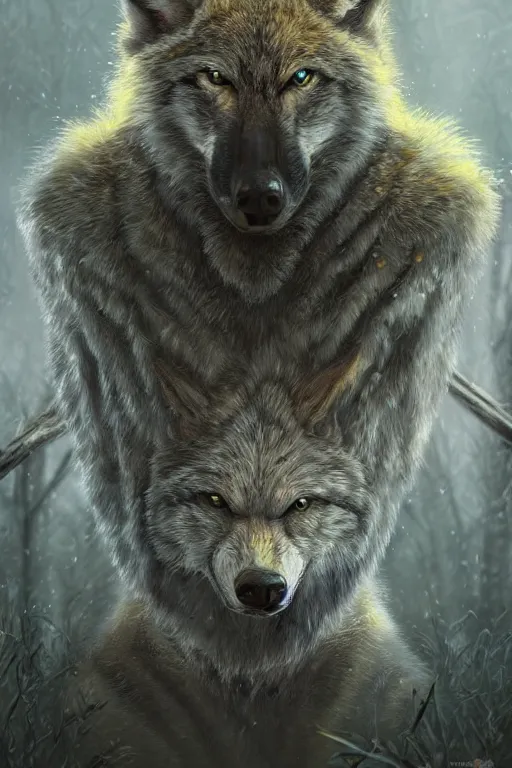 Image similar to ultra realist and ultra intricate detailed soft painting of a werewolf, from the waist up, symmetry features, glowing yellow eyes, sensual gloomy style, volumetric clouds, forest background, artstation, unreal render, depth of field