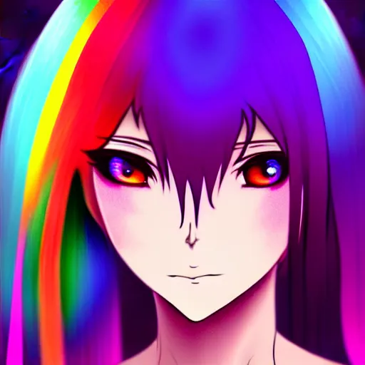 Image similar to a woman with rainbow hair and rainbow glowing eyes, anime, fantasy art, professional art, artstation, high detail