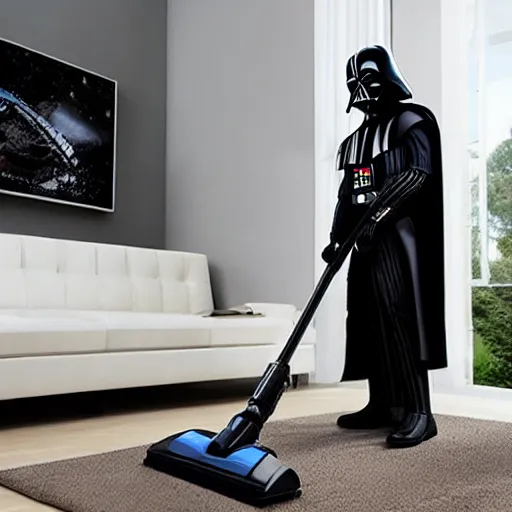 Prompt: Darth Vader vacuuming the house, photo realistic, award-winning, highly-detailed