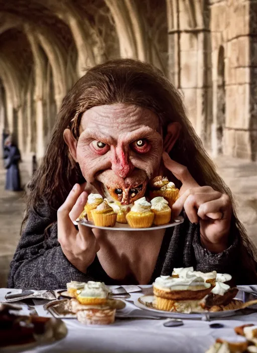 Image similar to closeup portrait of a medieval goblin eating cakes in the cloisters, depth of field, zeiss lens, detailed, symmetrical, centered, fashion photoshoot, by Annie Leibovitz and Steve McCurry, David Lazar, Jimmy Nelsson, Breathtaking, 8k resolution, extremely detailed, beautiful, establishing shot, artistic, hyperrealistic, beautiful face, octane render