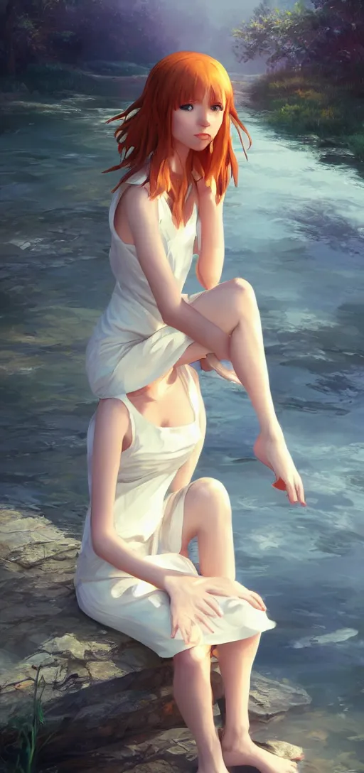 Image similar to southern ginger woman in simple cream dress sitting beside a river, airbrushed, hazy, gentle, soft lighting, wojtek fus, by makoto shinkai and ilya kuvshinov,