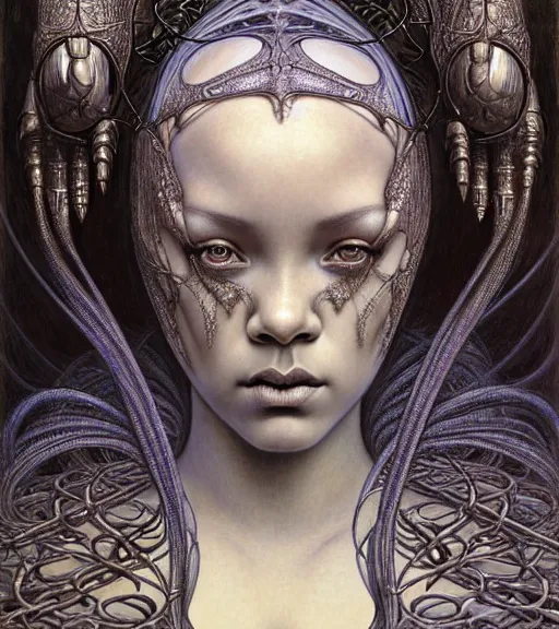 Image similar to detailed realistic beautiful young medieval alien robot rihanna face portrait by jean delville, gustave dore and marco mazzoni, art nouveau, symbolist, visionary, gothic, pre - raphaelite. horizontal symmetry by zdzisław beksinski, iris van herpen, raymond swanland and alphonse mucha. highly detailed, hyper - real, beautiful, fractal baroque