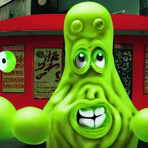 Image similar to a film still of slime monster made of beans attacking tokyo