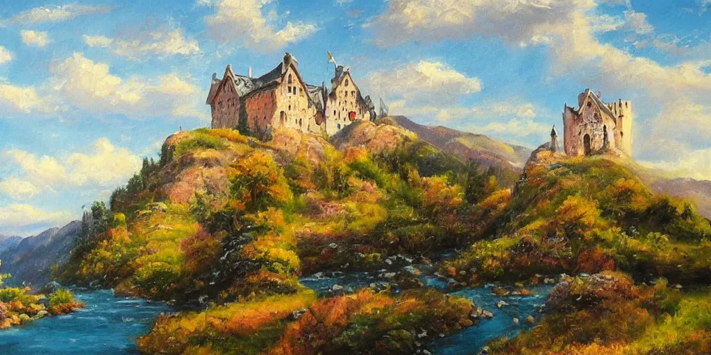 Prompt: A beautiful paiting of a castle in the sunny valley, with wind keeping blowing over a small river