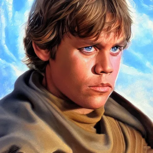 Image similar to An ultra realistic portrait painting of luke skywalker in the style of Frank Frazetta, 4k, Ultra realistic, Highly Detailed, Dark Fantasy, Epic Lighting