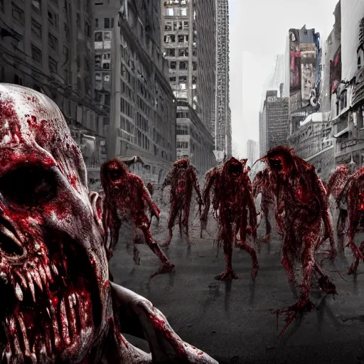 Image similar to a demonic zombie horde in new york city, 4k, high detail, high-resolution photograph, professional photography, ultra-detail