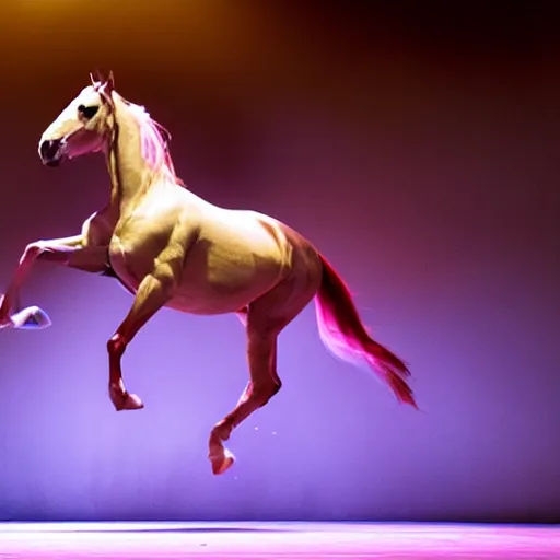 Image similar to horse ballerina performing on stage, dramatic lighting, award winning show