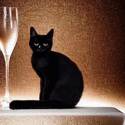 Image similar to a photo of a black cat drinking expensive champagne in a fancy dark bar