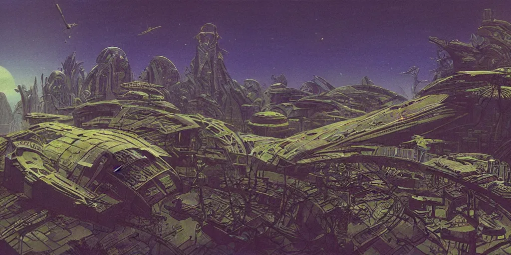 Prompt: wide angle photo view of a giant futuristic space station crashed on a jungle desert river planet with many birds flying, cyberpunk art by Moebius, retrofuturism, matte painting