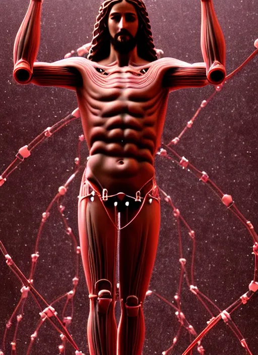 Prompt: a statue jesus on cross made of red marble, perfect symmetrical body, full body shot, inflateble shapes, wires, tubes, veins, white biomechanical, wearing epic bionic cyborg implants, masterpiece, intricate, biopunk, vogue, highly detailed, space station, artstation, concept art, cyberpunk, octane render