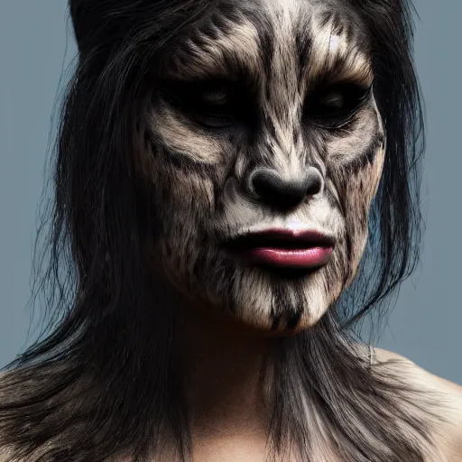 Prompt: woman transforming into a werewolf at night and covered with black realistic fur, ultra detail, unreal engine 5, 8 k