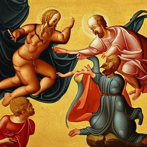 Image similar to masterful religious painting, god fighting the devil