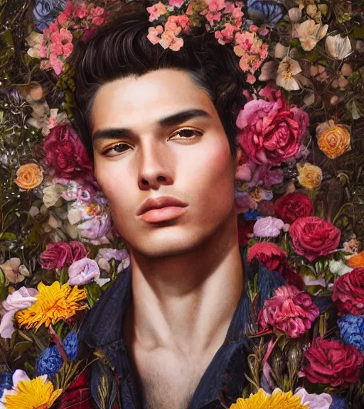 Image similar to portrait of a very handsome peruvian male model, surrounded by flowers by karol bak, james jean, tom bagshaw, rococo, trending on artstation, cinematic lighting, hyper realism, octane render, 8 k, hyper detailed.