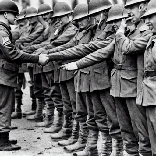 Prompt: WWII, historic photo of soldiers shaking hands, emotional photo, V-Day