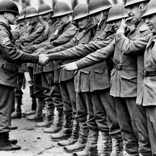 Image similar to WWII, historic photo of soldiers shaking hands, emotional photo, V-Day