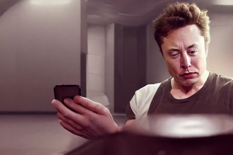 Image similar to hyperrealism aesthetic ridley scott and denis villeneuve style photography of a detailed elon musk, siting on a detailed toilet and scrolling his smartphone in hyperrealism scene from detailed art house movie in style of alejandro jodorowsky and wes anderson