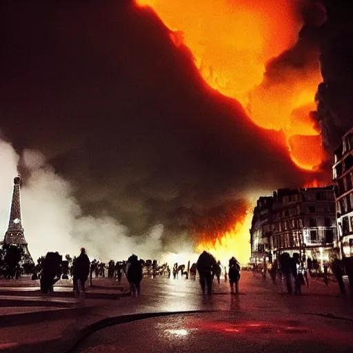 Image similar to “a portal from hell erupts in down town Paris as buildings explode with lava, citizens are possessed, the undead rise from the ground, and Michael Caine sips his espresso. Photography”