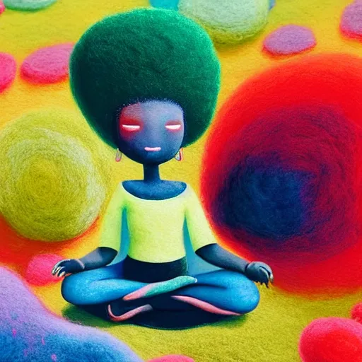 Image similar to a black girl with a colorful afro and big colorful eyes meditating in an african zen garden at sunset, bright colours, bokeh!!, watercolor, volumetric wool felting, macro photography, children illustration, by goro fujita