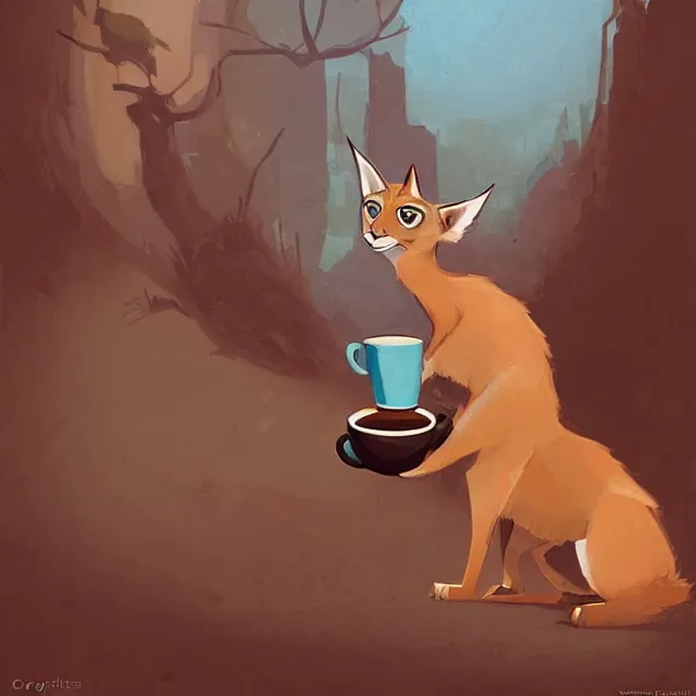 Prompt: cute caracal drinking coffee, by cory loftis, character art, art, very coherent, plain background, lighthearted, soft painting