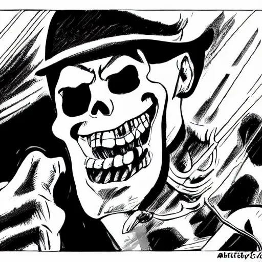 Prompt: a black and white detailed comic cartoon drawing in the style of jack kirby, joe kubert, alex toth, of the skeleton of death giving a thumbs up and smiling, trending on artstation, 4 k