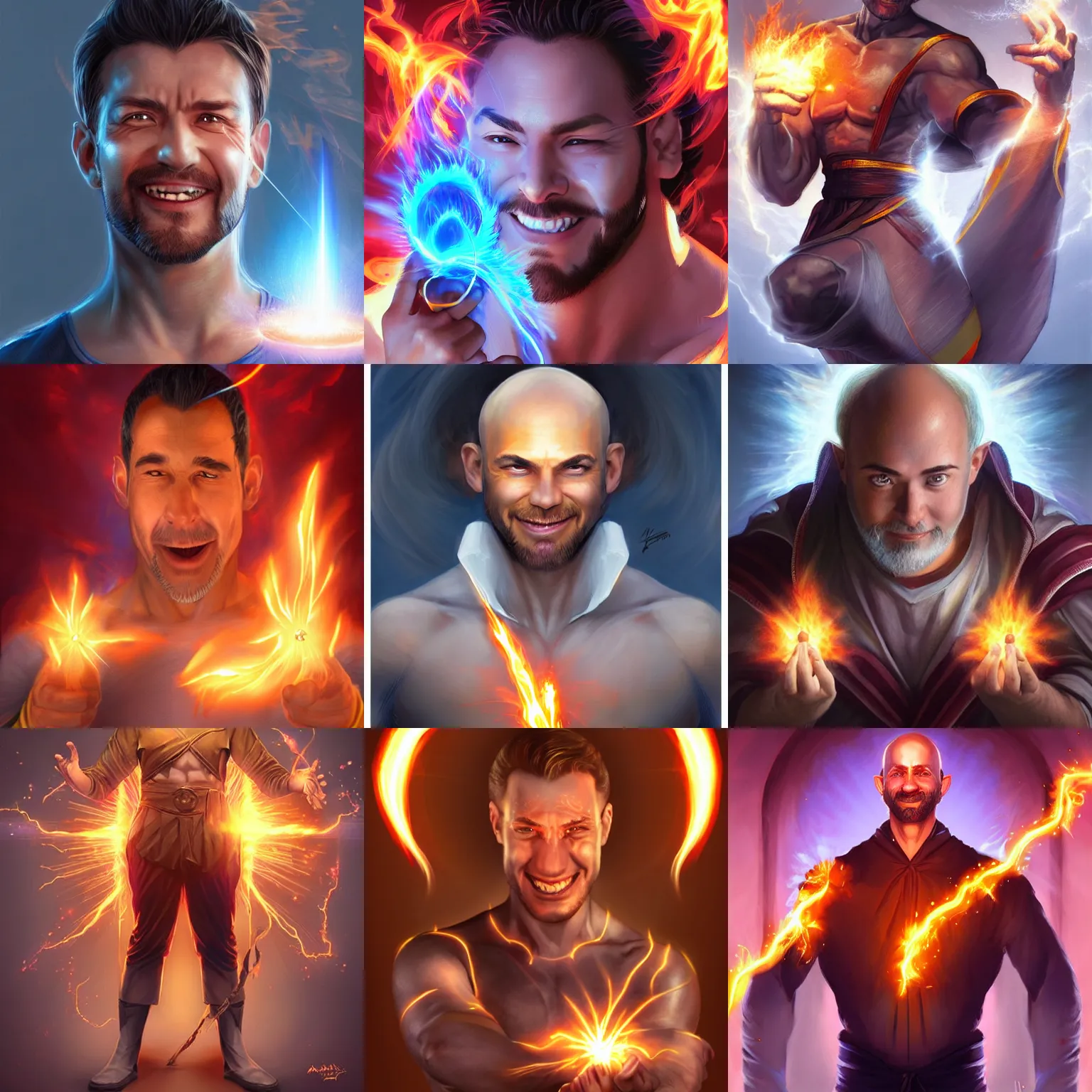 Prompt: a happy man in his early 4 0 s receiving divine fire powers on his head and body, art by artgerm, artstation, character modeling, realism