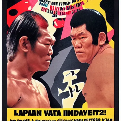 Prompt: advertisment poster for giant baba vs antonio inoki, 1 9 7 0, japan