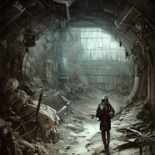 Image similar to painting of a post scenery at metro lowest level, underground, dark, rails, ultra realistic, concept art, intricate details, eerie, highly detailed, fallout, metro 2 0 3 3, wasteland, photorealistic, octane render, 8 k, unreal engine 5. art by artgerm and greg rutkowski and alphonse mucha