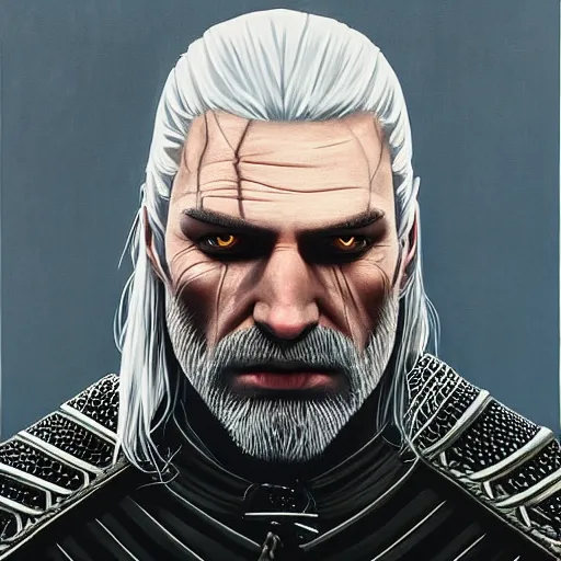 Prompt: a portrait of witcher, geralt of rivia with mordor in the background painting by elisabeth jerichau - baumann. painting, oil on canvas, horizontally symmetric