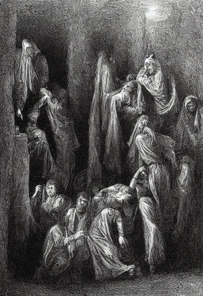 Prompt: drunken priests, creepy atmosphere, dark, portrait, very realistic, illustration by gustave dore