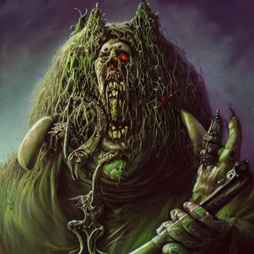 Image similar to closeup portrait shot of john candy as nurgle, the lord of pestilence, the plaguefather, great corrupter, decay, highly detailed, digital painting, artstation, concept art, soft focus, depth of field, artgerm, tomasz alen kopera, peter mohrbacher, donato giancola, wlop, boris vallejo