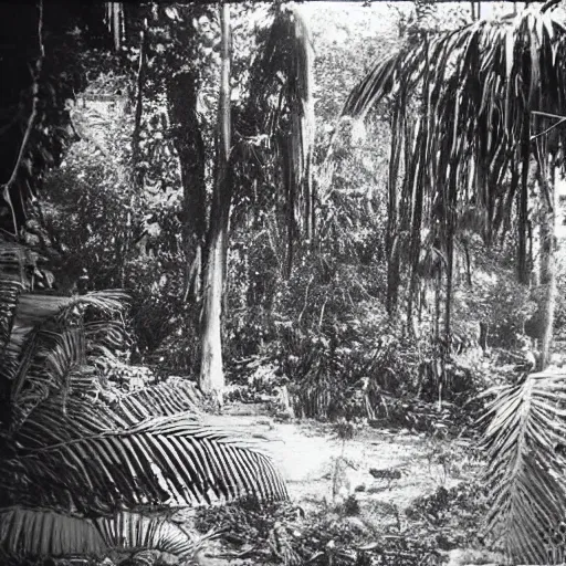 Prompt: lost film footage of a sacred artifact in the middle of the ( ( ( ( ( ( ( ( ( tropical jungle ) ) ) ) ) ) ) ) ) / ethnographic object / sacred / film still / cinematic / enhanced / 1 9 0 0 s / black and white / grain